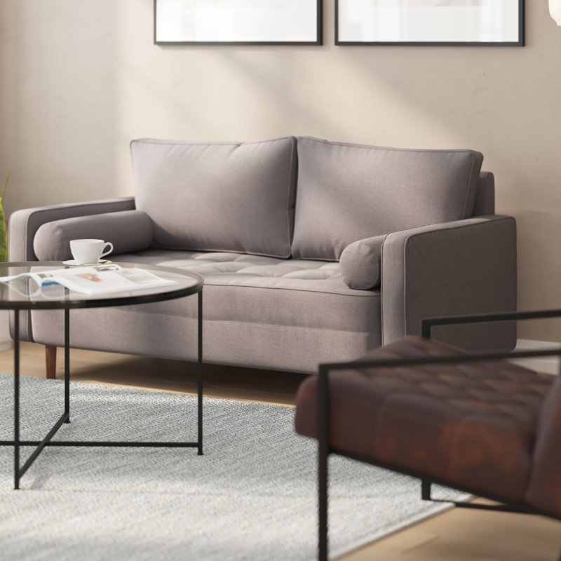 Compact Upholstered Tufted Loveseat With Wooden Legs, Slate Grey Polyester