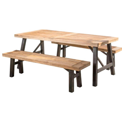 Salle à manger (3 pièces): table et bancs en bois avec design à lattes, pour résister aux intempéries, salle à manger rustique 3 pièces - panneaux pour une sensation