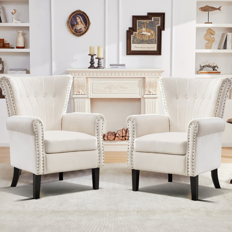 Tufted Wingback Accent Chairs With Classic Arms And Wooden Legs, Cream White Velvet