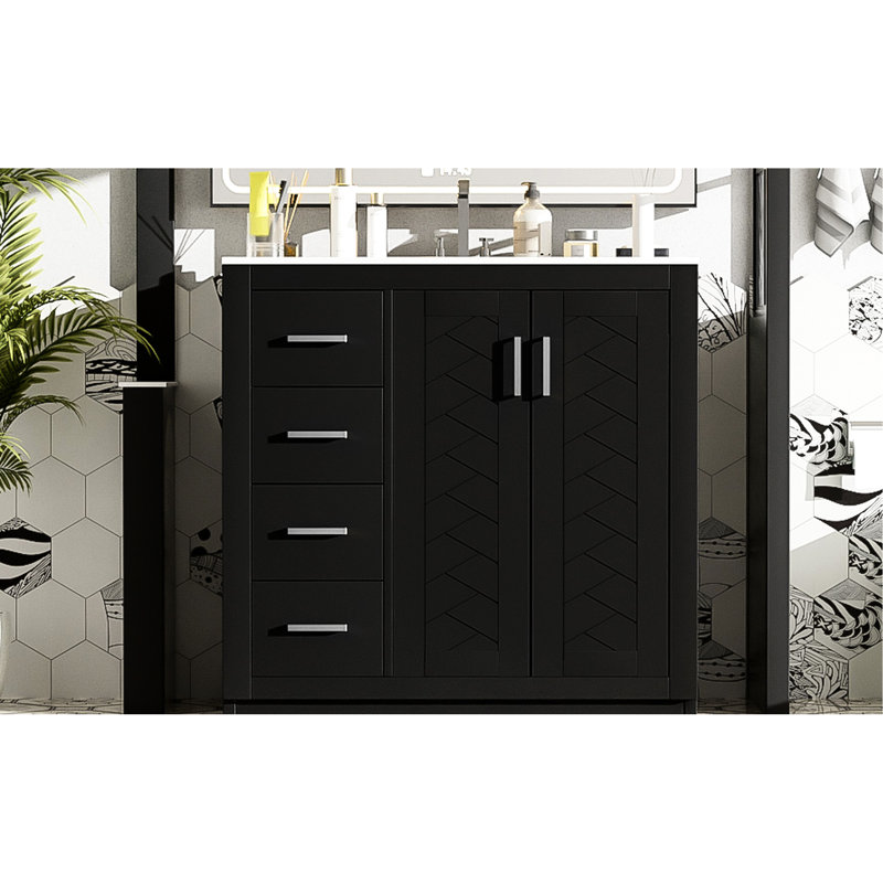 Armoire de salle de bain 36 po avec lavabo en céramique, charnières, 3 tiroirs, rangement spacieux, motif de rainure unique, poignée en métal exquise, glissière de tiroir lisse, style rétro, facile à assembler pour 36