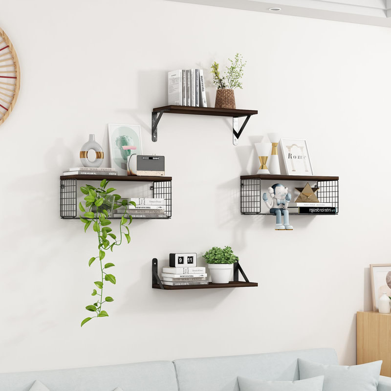 Rustic Wall Shelf Set With 2 Metal Baskets - Versatile 4-Tier Storage For Any Room, Walnut