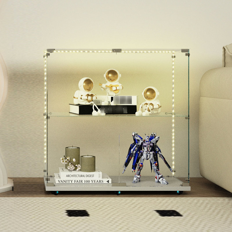 Vitrine en verre trempé avec lumières DEL à effet de pluie, verrouillable pour les surfaces inégales, blanc, style classique, 3 4 tablettes, base en bois franc d'ingénierie, pivotant à intensité variable de 13,67 po de largeur, convient à divers