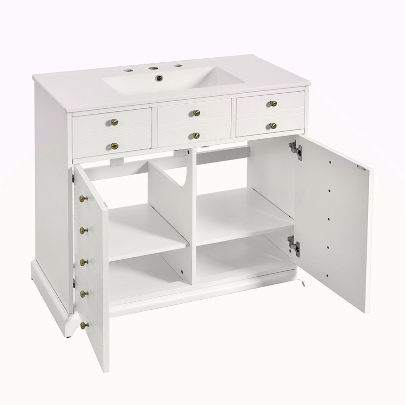 Ensemble de meuble-lavabo 36 po avec lavabo en céramique, armoire de rangement en bois massif, ensemble de meuble-lavabo autoportant avec 2 tiroirs et portes à fermeture douce