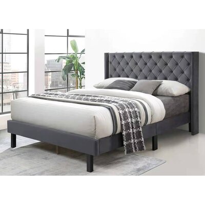 Linen Button Tufted-Upholstered Bed Curve Design - Strong Wood Slat Support - Easy Assembly - Gray, Queen -  Rosdorf Park, 959F871225F14D0B9679CC8807A59F0D