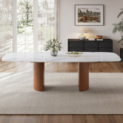 94.49" Extendable Sintered Stone Dining Table for 10 Seats, Rectangular Expandable Dining Table with Solid Wood Base, Modern Extendable Dining Table