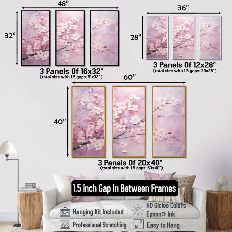 Minimalisme, cerisier rose - ensemble de reproductions d'art mural cerisier en fleurs, H 28 po x l 36 po x P 1 po