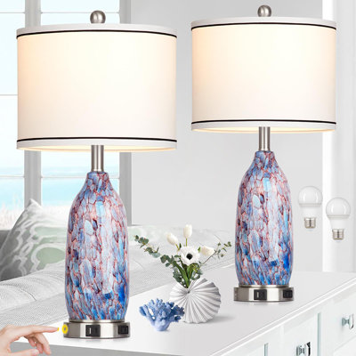 Ensemble de lampe de table moderne en verre de 26 pouces (2 pièces), lampe de table de chevet, avec USB A + C et prise CA, veilleuse à contrôle tactile à trois niveaux, ampoule incluse