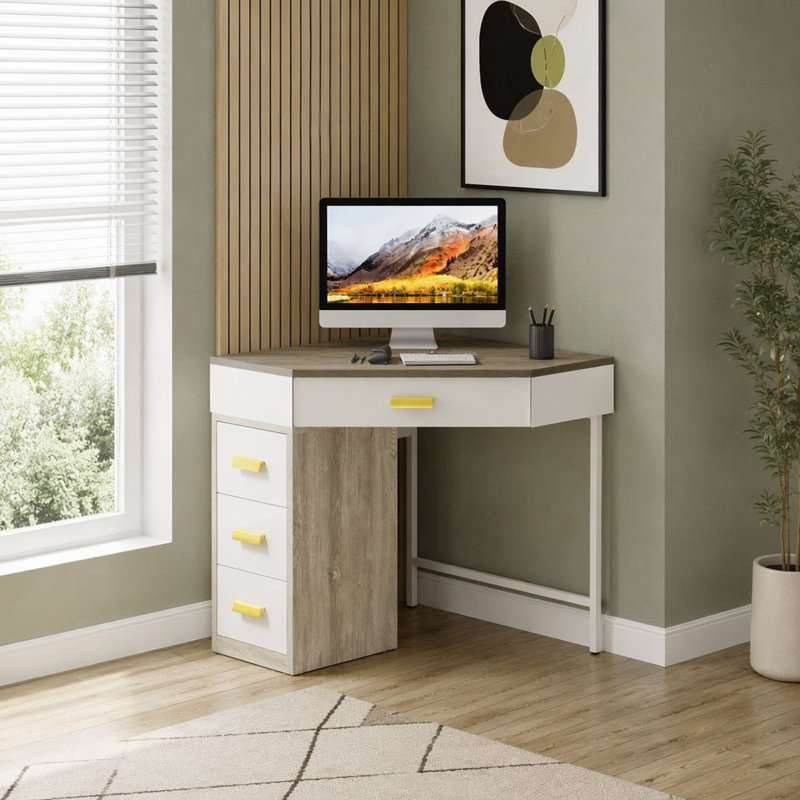 Bureau de coin triangulaire avec tiroirs pour le bureau à domicile et la coiffeuse de maquillage
