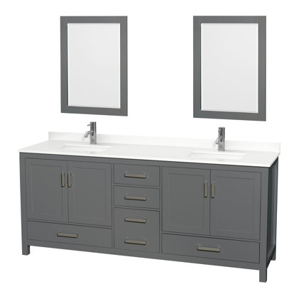 Meuble-lavabo double autoportant 80 po avec plateau en quartz Sheffield et miroirs 24 po Sheffield