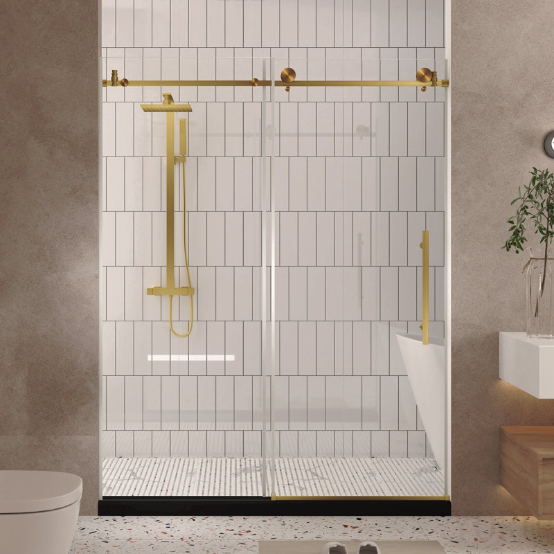 Porte de douche sans cadre l 44 à 48 po x H 76 po, verre trempé transparent de 1/4 po (6 mm), film antidéflagrant, poignée en acier inoxydable, or brossé