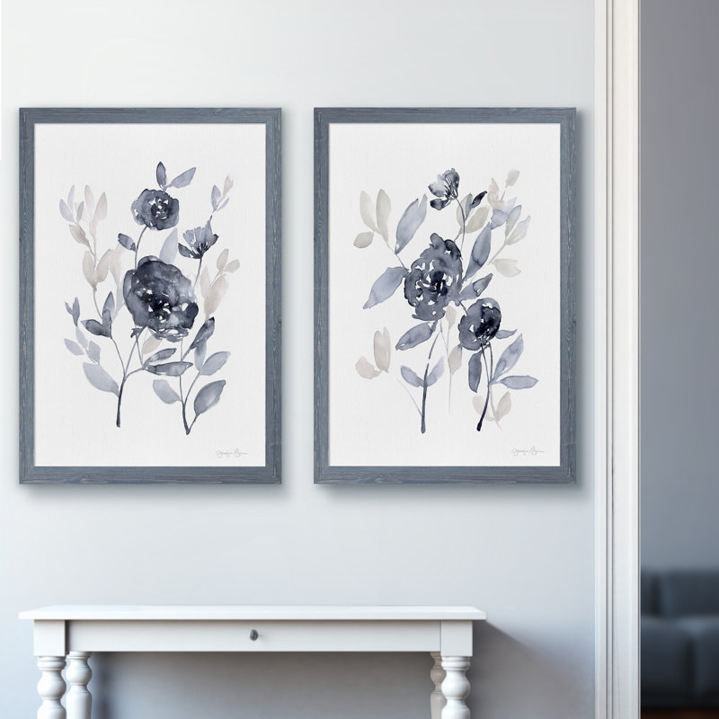 Pivoines en gris - ensemble de 2 reproductions d'art encadrées, H 20 po x l 16 po, Toile encadrée, Gris
