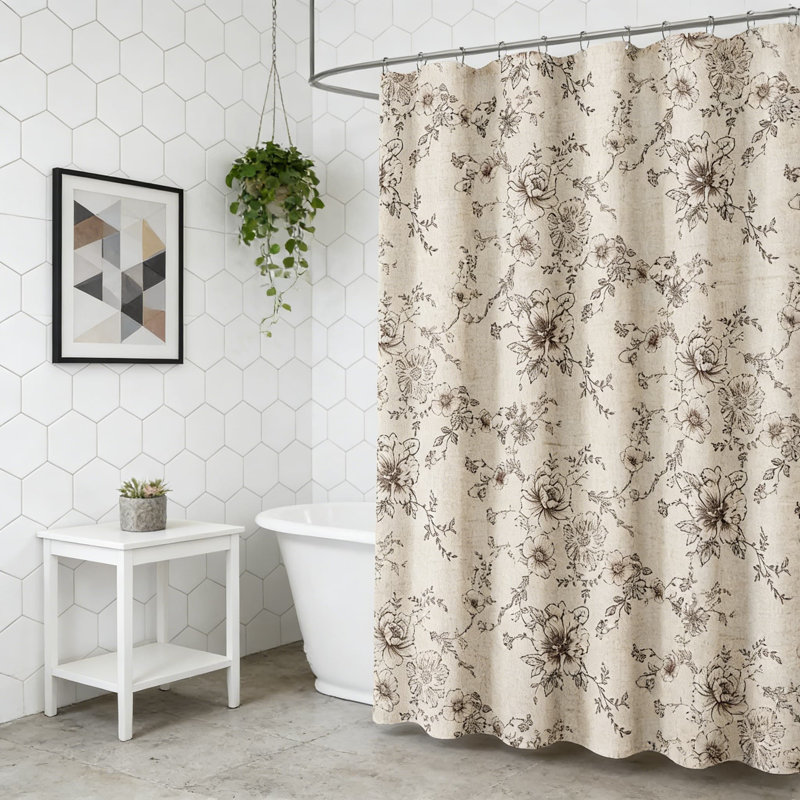 Farmhouse Floral Linen Shower Curtain With Vintage Botanical Print, Rustic Bathroom Decor With Soft Light Filtering And Easy Care