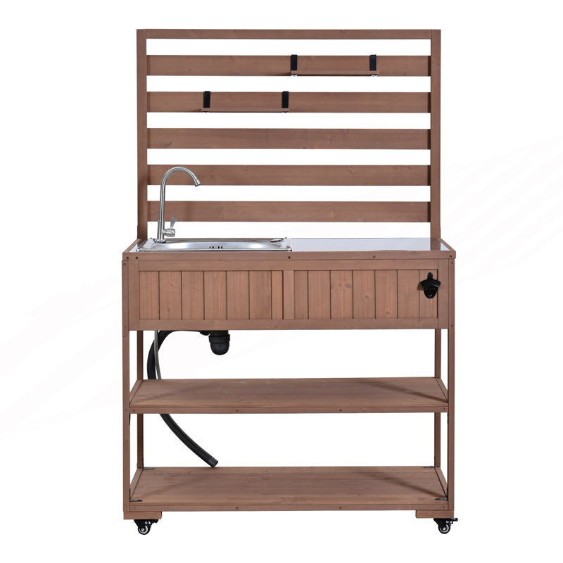Grand îlot de cuisine sur roulettes, chariot de cuisine avec évier, banc de rempotage avec plateau en acier inoxydable, Brun