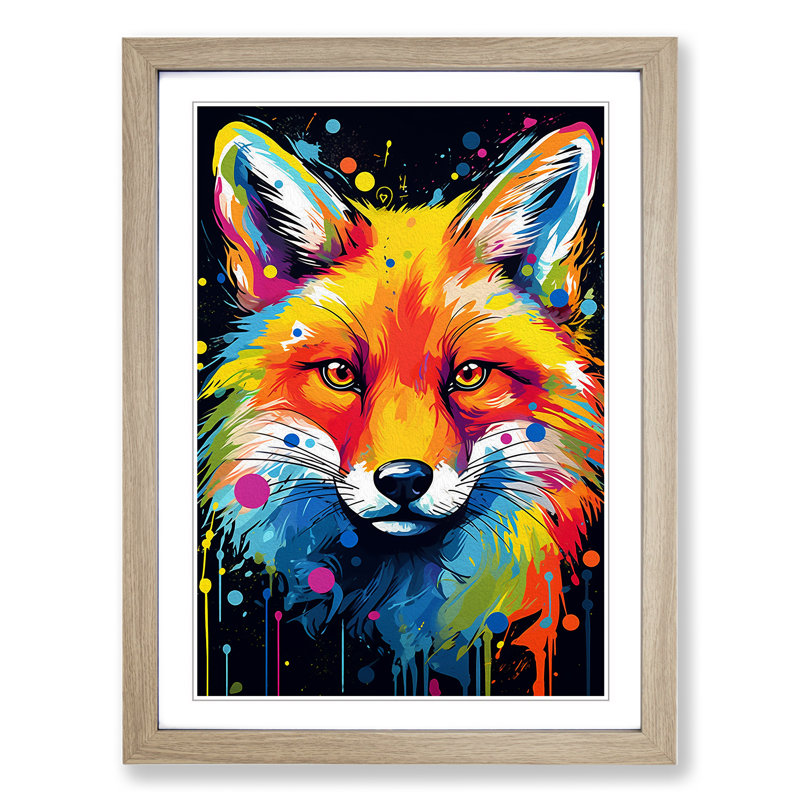 Fox Pop - Single Picture Frame Print on Wood, Oak Framed, 34cm H x 25cm W