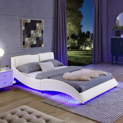 Led Bed Frame Modern Faux Leather Upholste Platform Bed Frame With RGB LED Lights And Headboard Wave Like Curve Low Profile Bed Frame,Wood Slats Suppo -  Ivy Bronx, 08EE06A558D14009AF2B6DF0480F3080