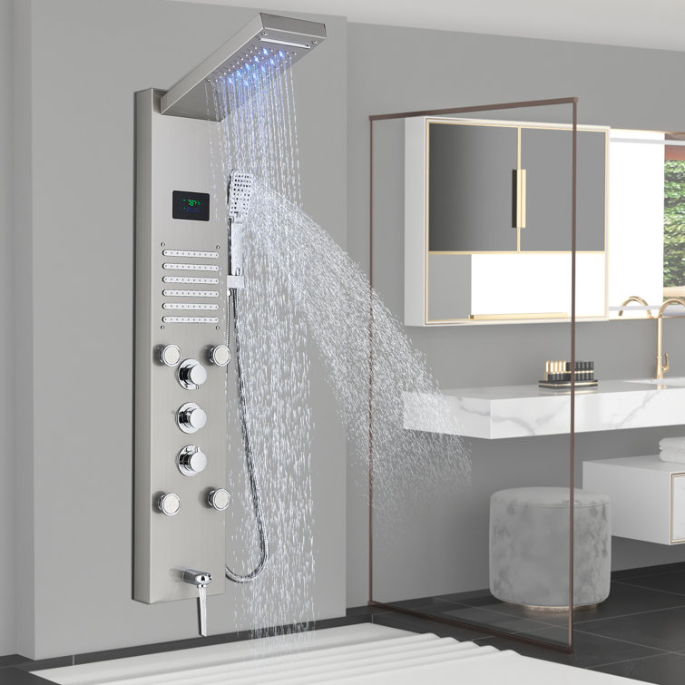 4-in-1, 2-Jet Shower Panel Tower System With LED LED Rainfall Waterfall Shower Head, And Massage Body Jets In Black