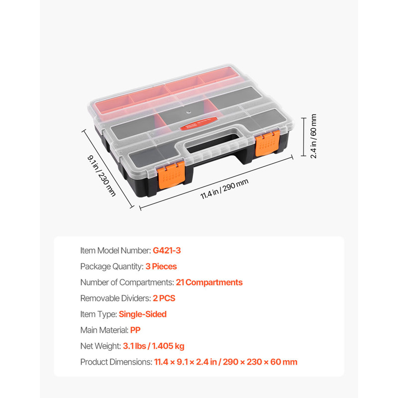 Single sided!3-Pack Small Parts Organizer 21-Compartment Organizer Box with Removable Divider