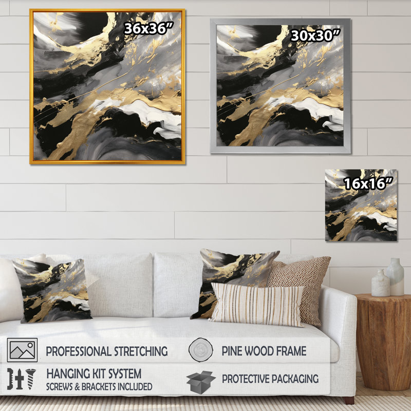 Exploration des profondeurs du marbre doré IV sur toile, Cadre photo noir, H 16 po x l 16 po x P 1 po