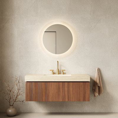 Lavabo de salle de bain 48 po, rangement en contreplaqué flottant, comptoir en pierre frittée, lavabo en céramique, 3 trous de robinet, chêne brun, meuble-lavabo à système de fermeture en douceur, armoire avec tiroir, comptoir, finition pré-percée,
