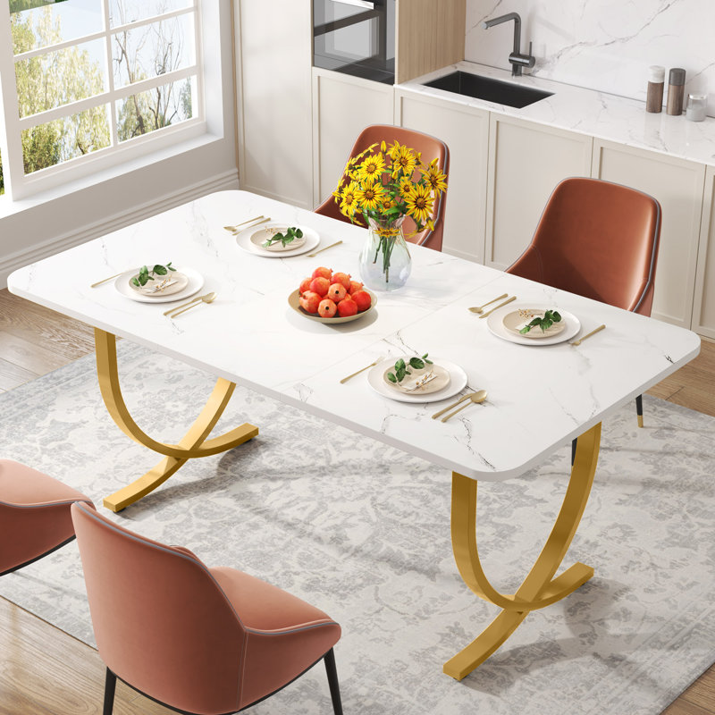 Table de salle à manger Julianah, Marbre blanc, Or