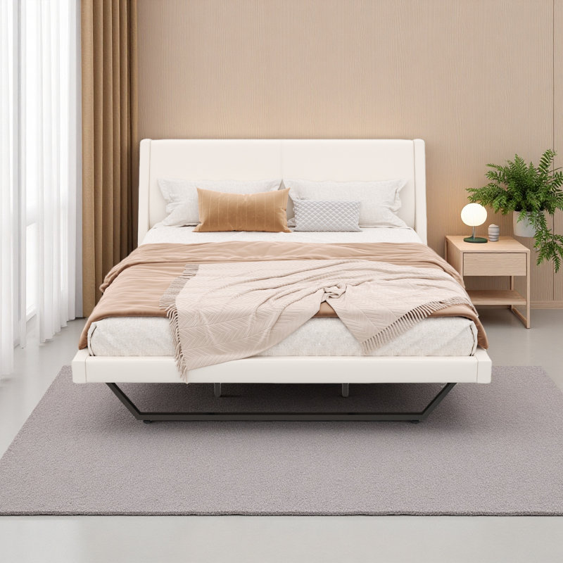 Lit plateforme avec conception en forme de vague et pieds trapézoïdaux, Blanc, Très grand lit