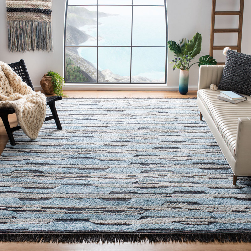 Fellsmere Hand Tufted Bamboo Silk/Wool Abstract Rug in Charcoal/Blue, Rectangle 5' x 8'
