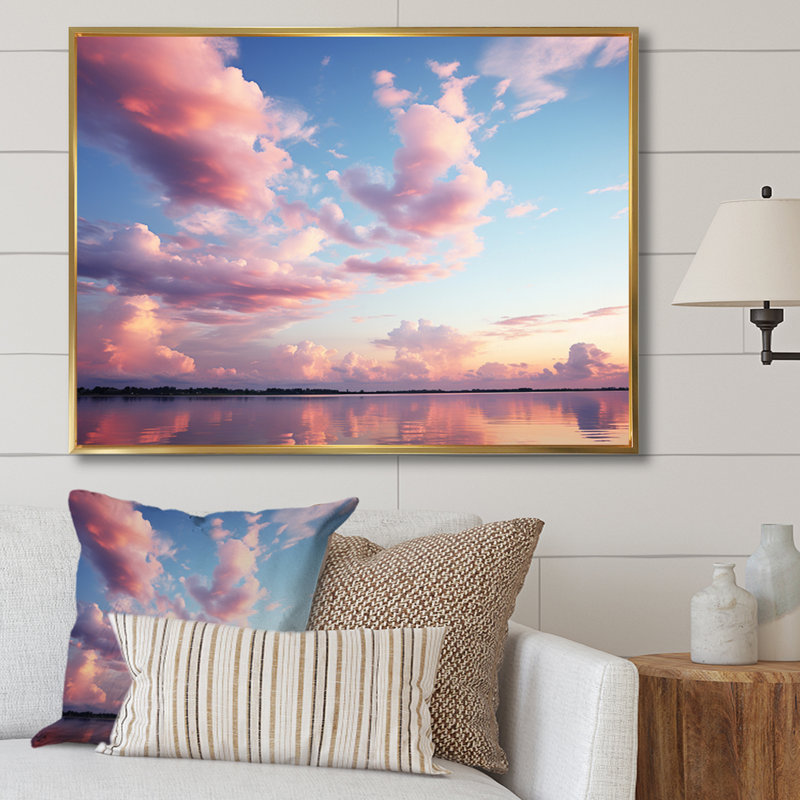 Ciel rose, sérénité céleste sur toile, H 16 po x l 32 po x P 1 po, Cadre flottant doré