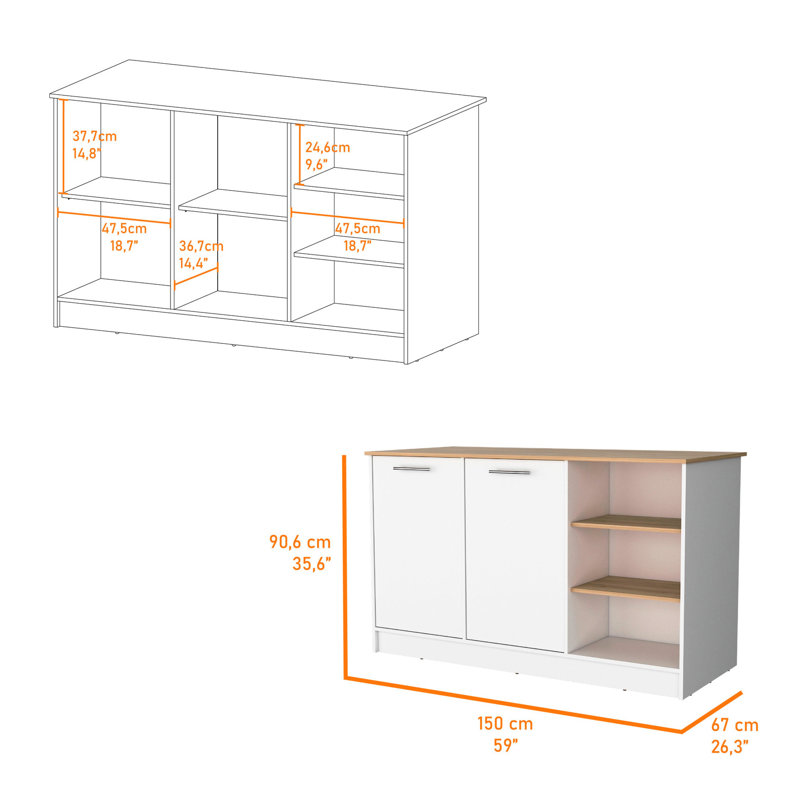 Kitchen Island With Open Shelves And Enclosed Space In White Ash 2-door Modern Style