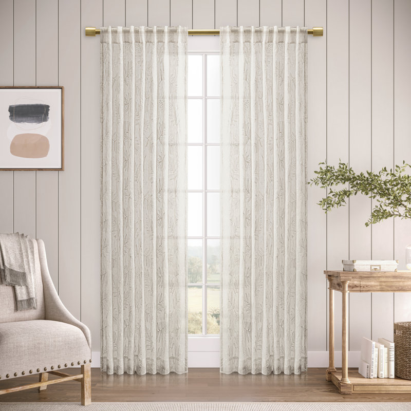 Roodhouse Premium Leaf Embroidered Semi-Sheer Rod Pocket Single Curtain Panel, Oatmeal, 52" W x 108" L