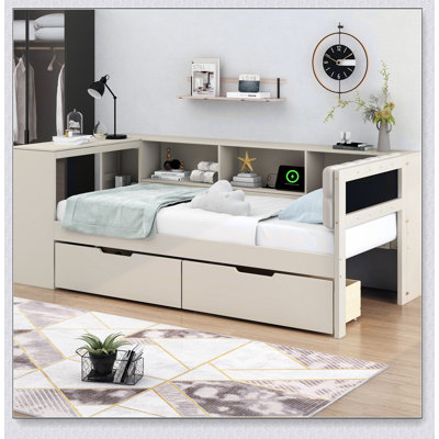Wood Twin Size Platform Bed With Storage Shelves, Drawers, Charging Station And Upholstered Headboard, Cream by Latitude Run