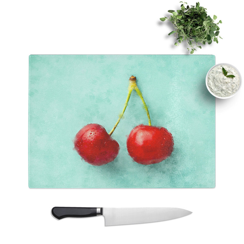 Two Cherries Painting Chopping Board, 0.4cm H x 20cm W x 28.5cm L