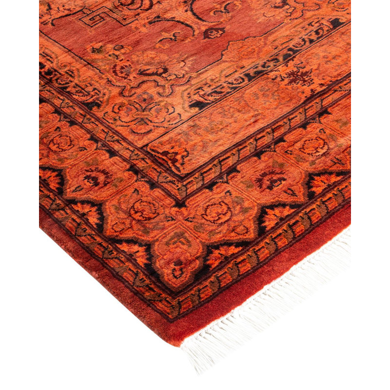 Burnt Orange Hand-Knotted Wool Floral Motif Area Rug