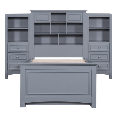 Lit plateforme simple en bois avec armoire verticale tout-en-un et 4 tiroirs de chaque côté