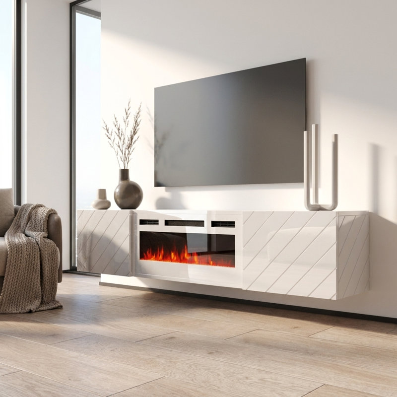 Gofried 72" Modern TV Stand with Electric Fireplace, High Gloss Finish, Wall-Mounted, White