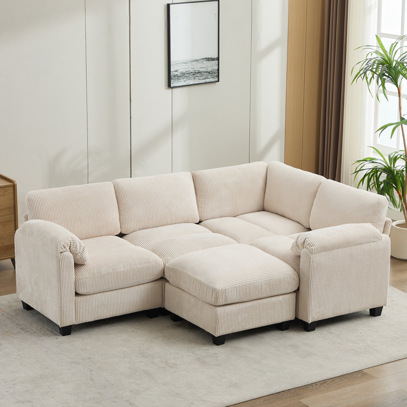 Canapé modulaire réversible 5 pièces avec repose-pieds 5 pièces, Velours côtelé beige