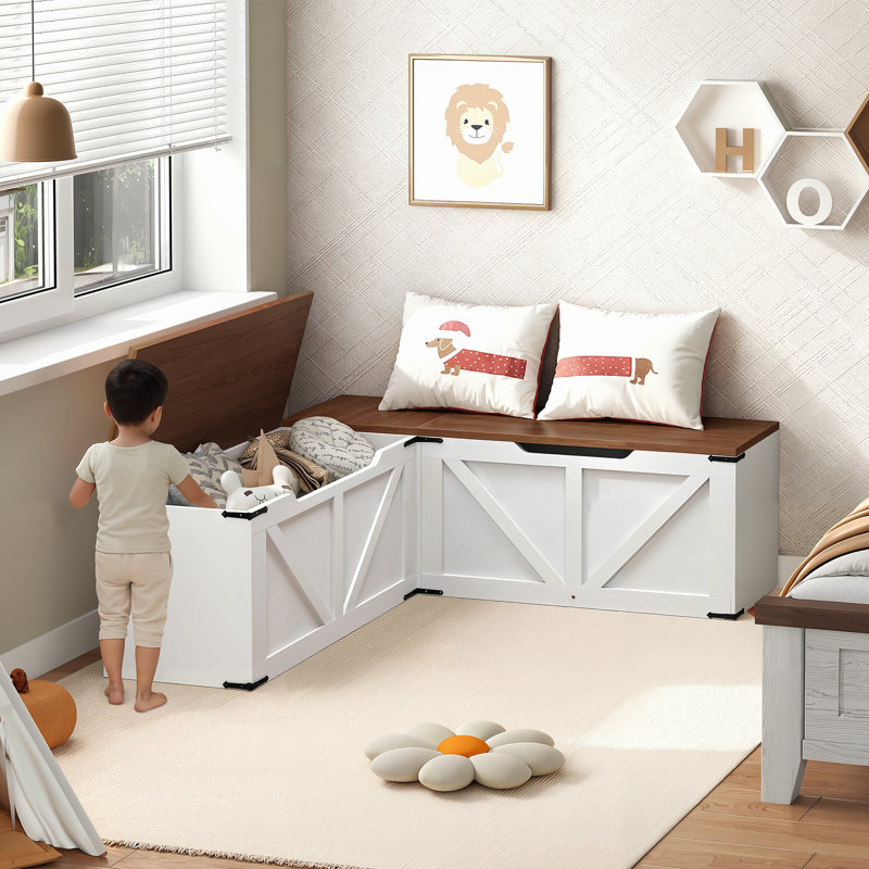 Farmhouse L-Shaped Storage Bench, Storage Toy Chest with Hidden Compartments,Breakfast Nook Bench for Corner Spaces, Kitchen, Dining Room, Cloakroom
