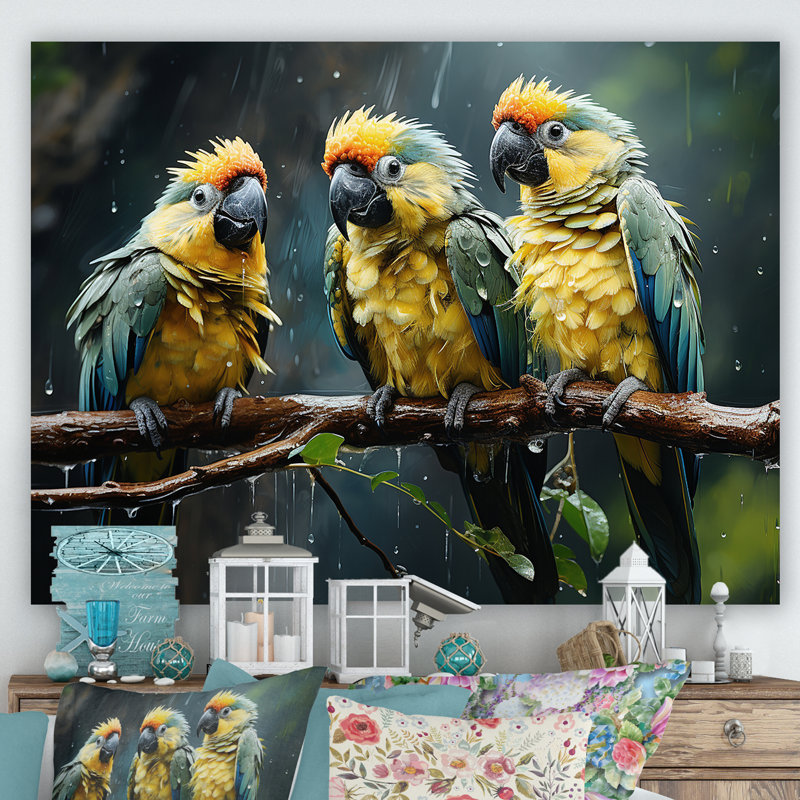 Green And Yellow Parrots Rainforest Chorus I - Parrot Canvas Art Print, Toile tendue, H 16 po x l 32 po x P 1 po