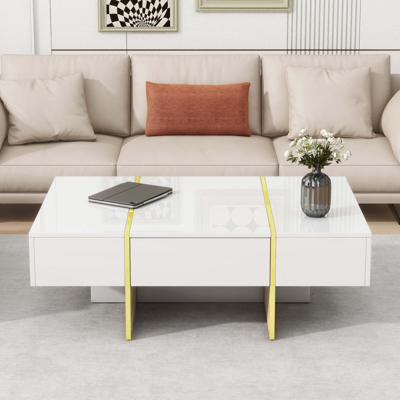 Table basse minimaliste ultra brillante avec 2 tiroirs, table de canapé rectangulaire à plusieurs rangements avec pieds en grain de bois doré, table centrale moderne pour le salon