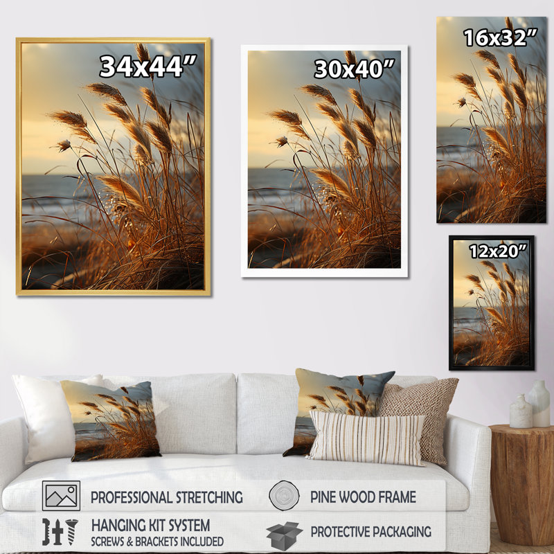 Beachgrass Sunset Nature Herbs - impression, Cadre flottant doré, H 40 po x l 30 po x P 1,5 po