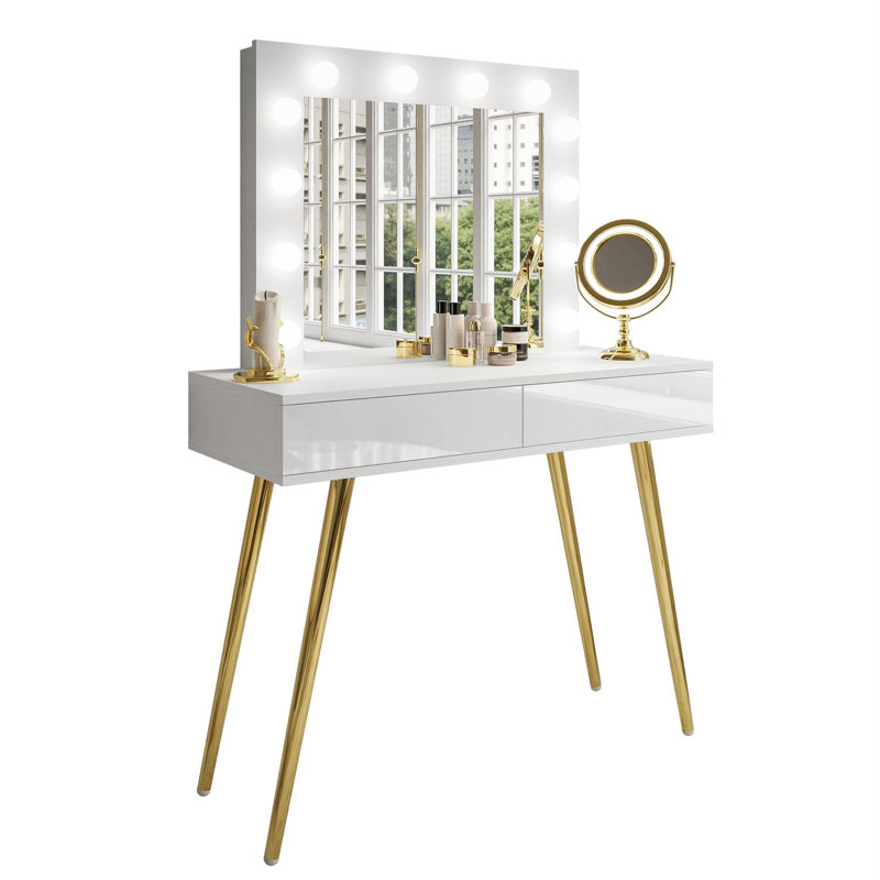 Huntsdale Dressing Table with Mirror, White/Gold