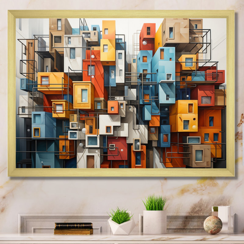 «Cityscape Bluiding Geometric Collage I», reproduction sur toile, Cadre doré à une seule photo, H 30 po x l 40 po x P 1,5 po