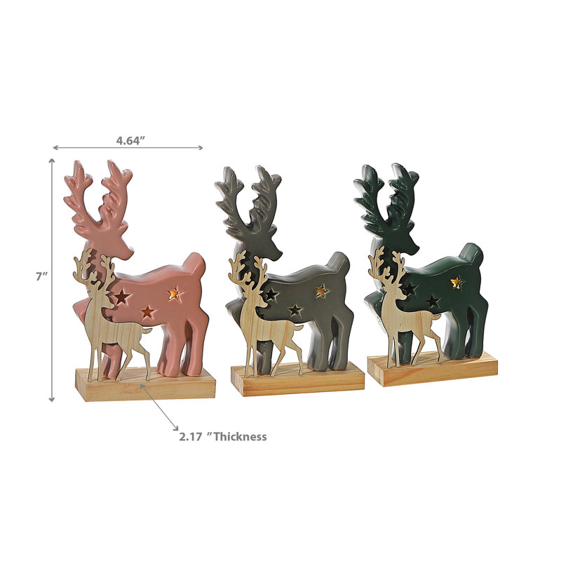 Cerf à DEL avec support en bois - ensemble de 3