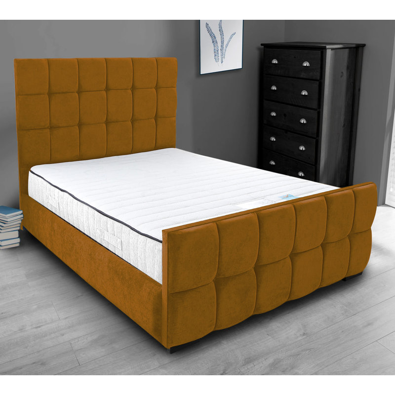 Merricks Contemporary Velvet Upholstered Bed Frame - Padded Headboard, Sprung Slats, Mustard, Double (4'6)