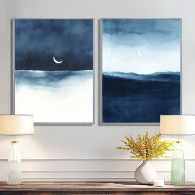 Horizon de nuit bleu I - Ensemble de 2 toiles imprimées sur toile représentant la lune