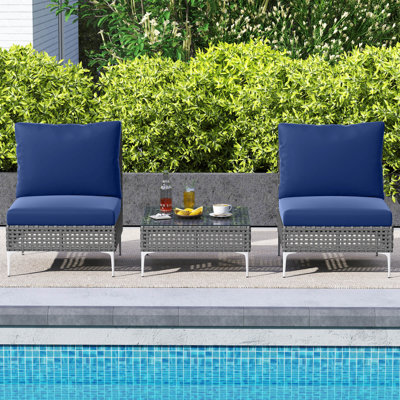 3 Pcs Patio Furniture Set With Tempered Glass Coffee Table Soft Back & Seat Cushions Navy