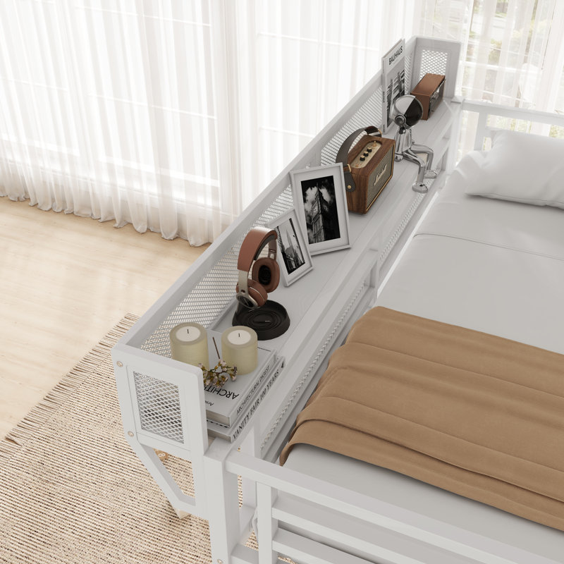 Lit mezzanine double en métal avec bureau et station de charge, escalier et lumière, cadre de lit mezzanine Kids Teens, blanc