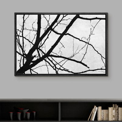 Signe, reproduction d'art sur toile encadrée, branches d'arbres sur fond gris