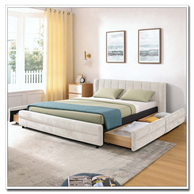 Cadre de lit rembourré avec tissu épais, cadre de lit rembourré confortable, tissu chenille, avec tête de lit et cadre de lit solide. Avec tiroir pour le rangement
