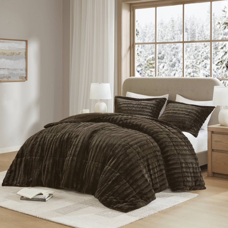 Ensemble d'édredon ultra-doux en fausse fourrure 3 pièces Duke, Édredon double / grand + 2 taies décoratives sta, Chocolat