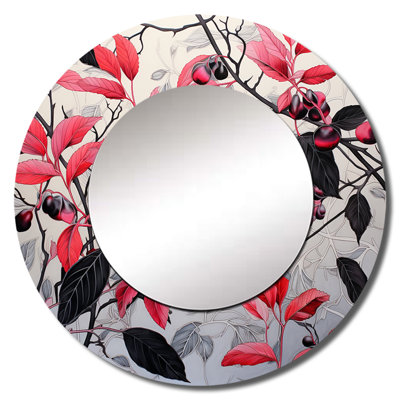 Saleste Red And Black Minimalist Botanical Leaves II - Leaves Decorative Wall Mirror, Traditional Large Round Mirror, Printed Metal Art